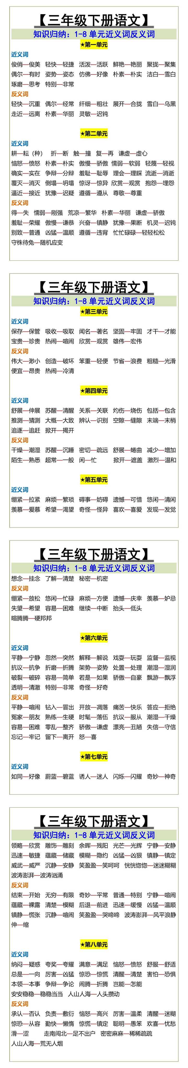 三年级下册语文1-8单元近义词反义词