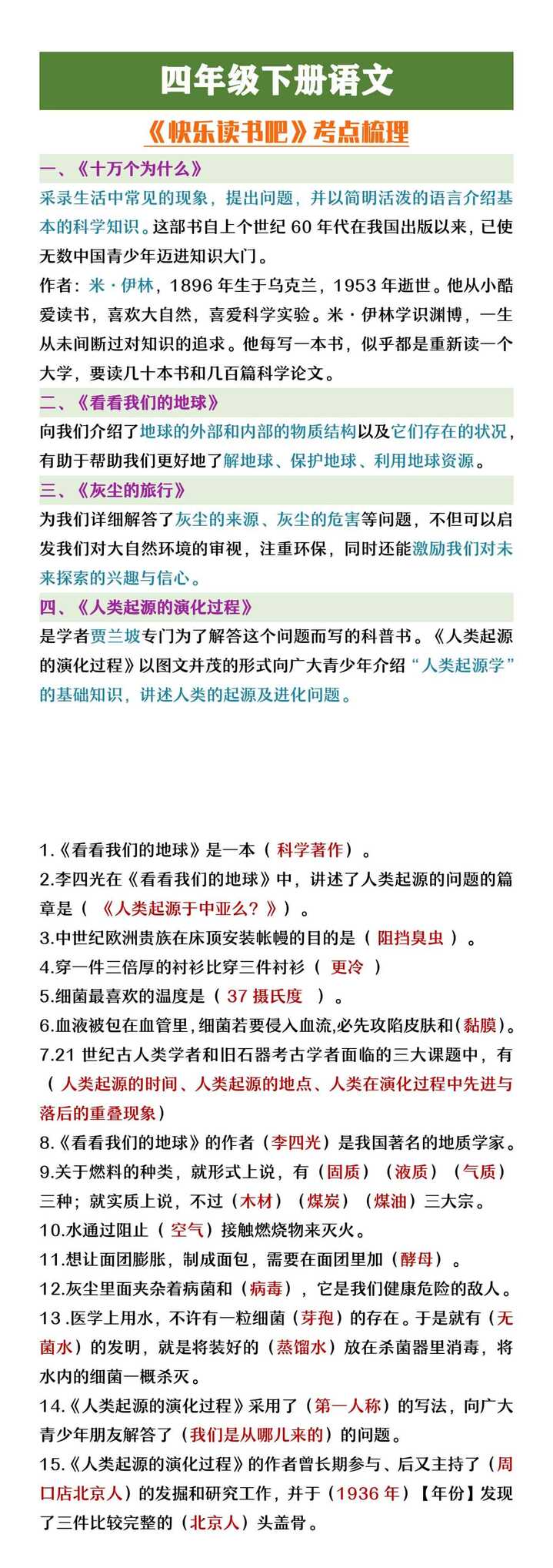 四年级下册语文快乐读书吧考点梳理