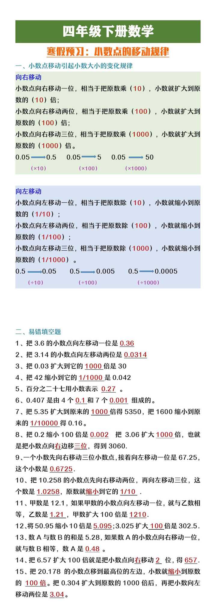 四年级下册数学小数点的移动规律