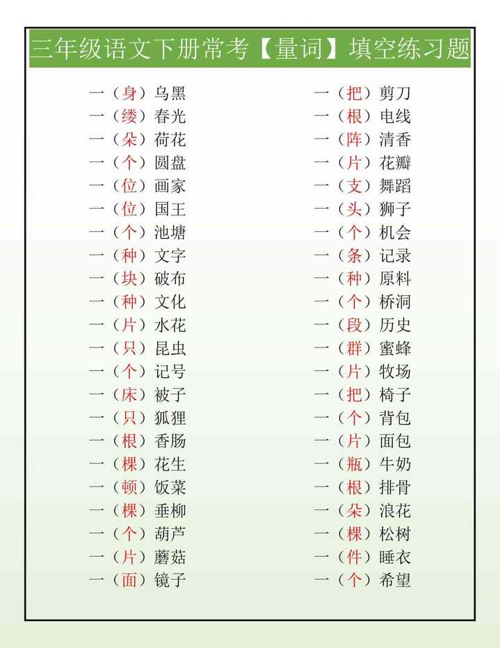 三年级语文下册常考【量词】填空练习题