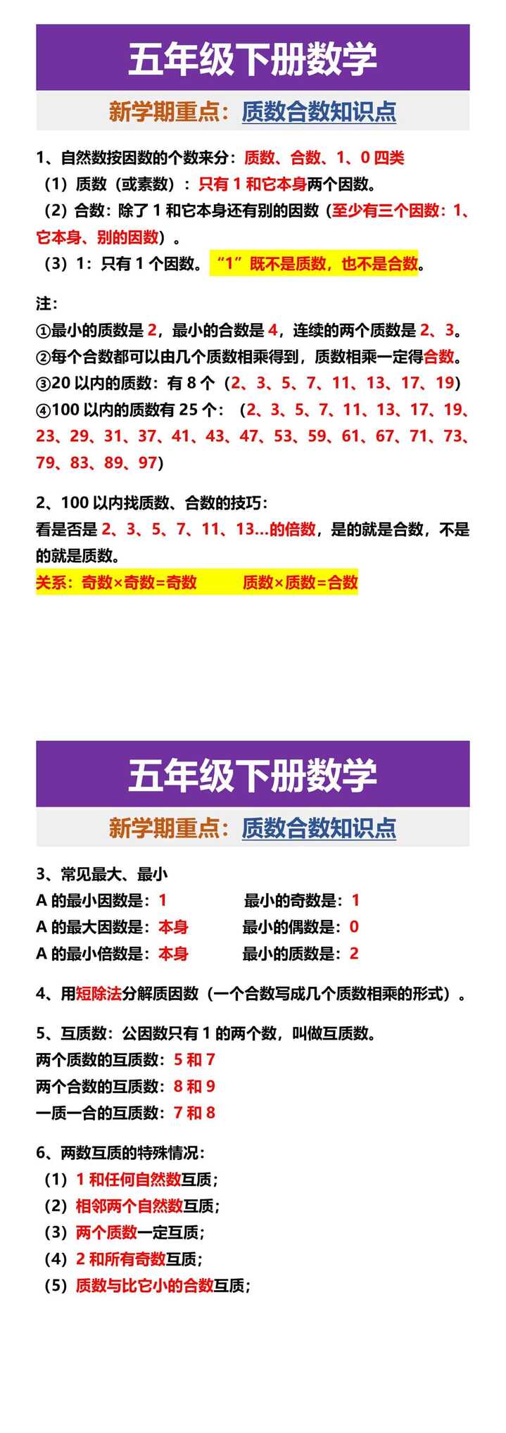 五年级下册数学 新学期重点：质数合数知识点