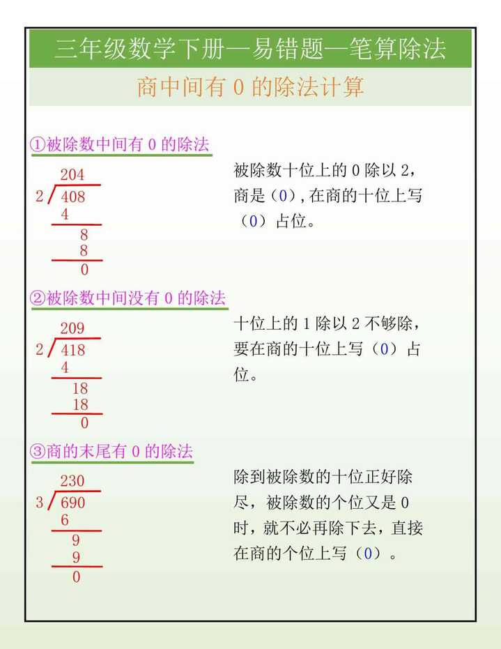 三年级数学下册易错题——商中间有0的除法计算