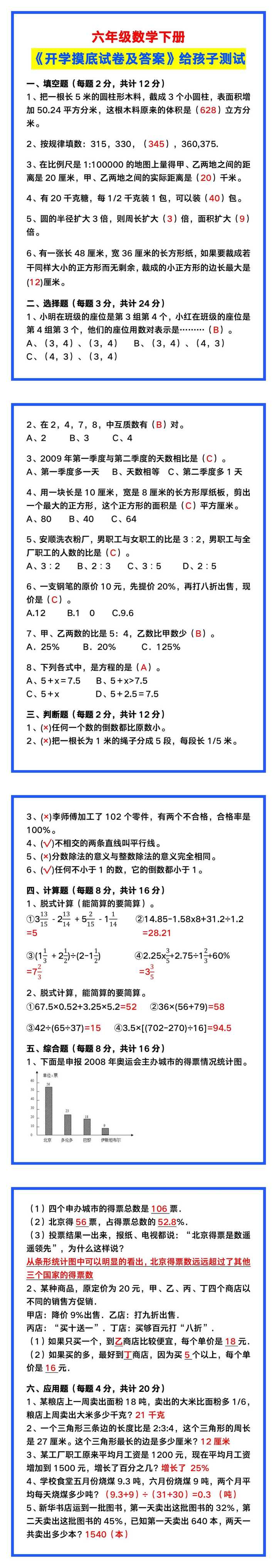 六年级数学下册《开学摸底考试试卷及答案》，给孩子测试！