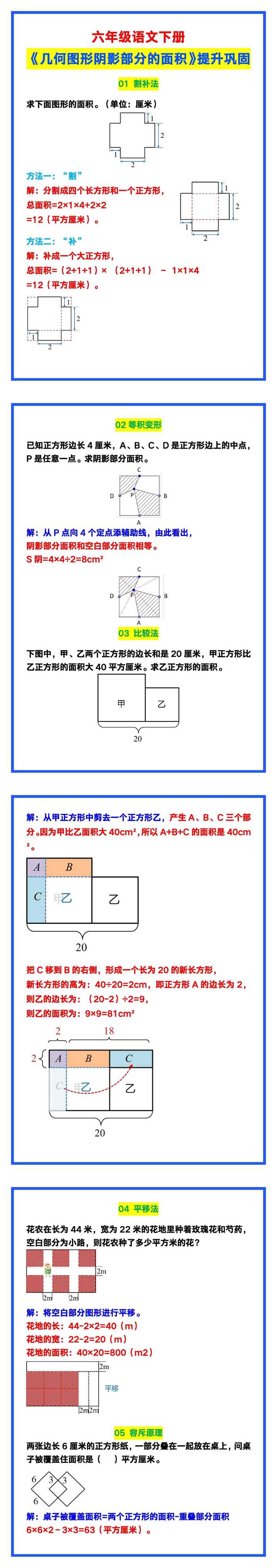 六年级数学下册《几何图形阴影部分的面积》，给孩子提升！