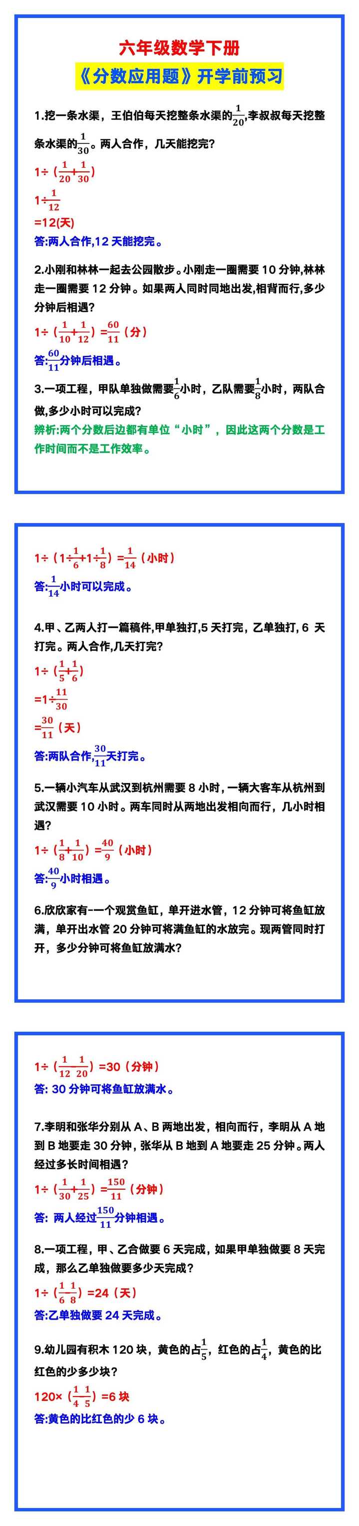 六年级数学下册《分数应用题》，开学前预习！