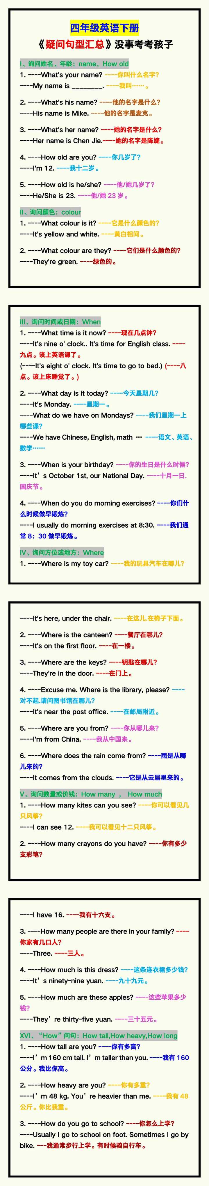 四年级英语下册《疑问句型汇总》，没事考考孩子！