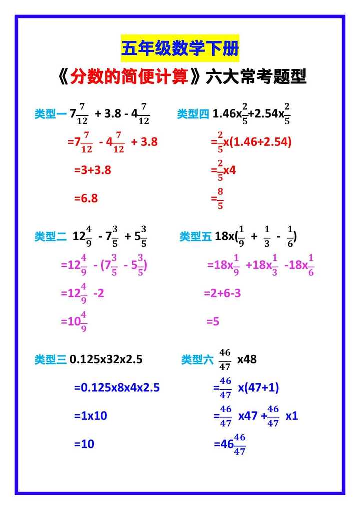 五年级数学下册《分数的简便计算》六大常考题型！