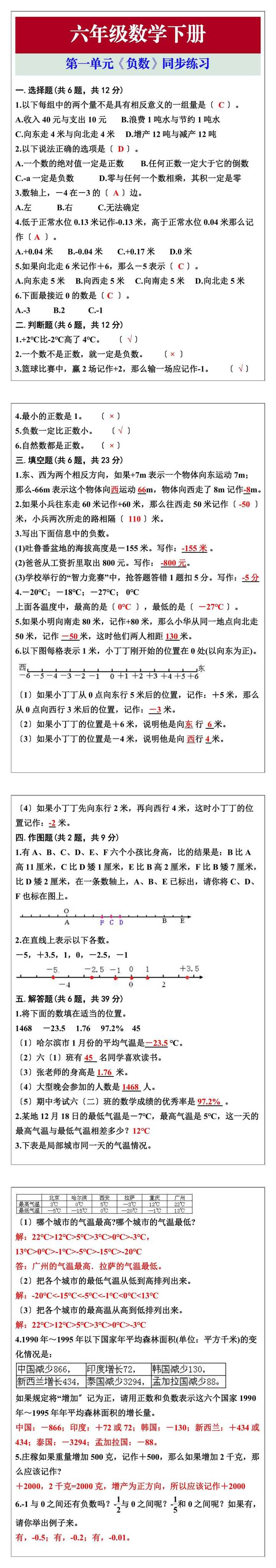 六年级数学下册第一单元《负数》同步练习