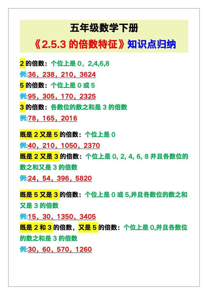 五年级数学下册《2.5.3的倍数特征》知识归纳！