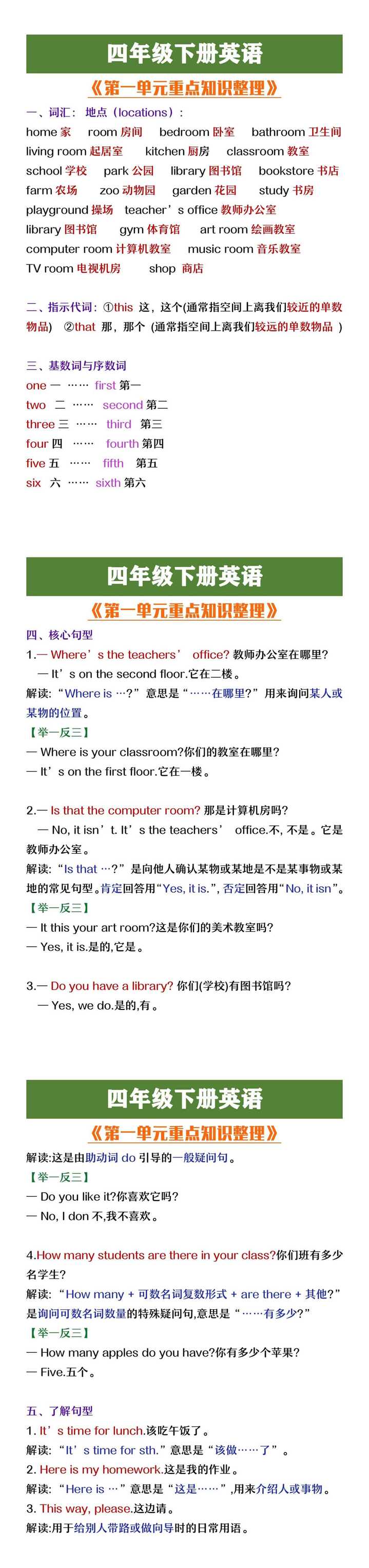 四年级下册英语第一单元重点知识整理