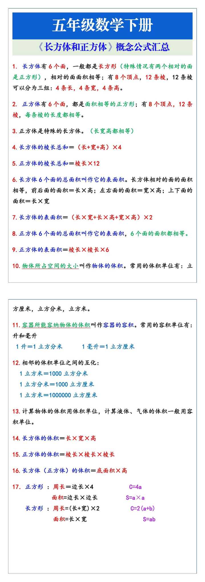 五年级数学下册《长方体和正方体》概念公式汇总