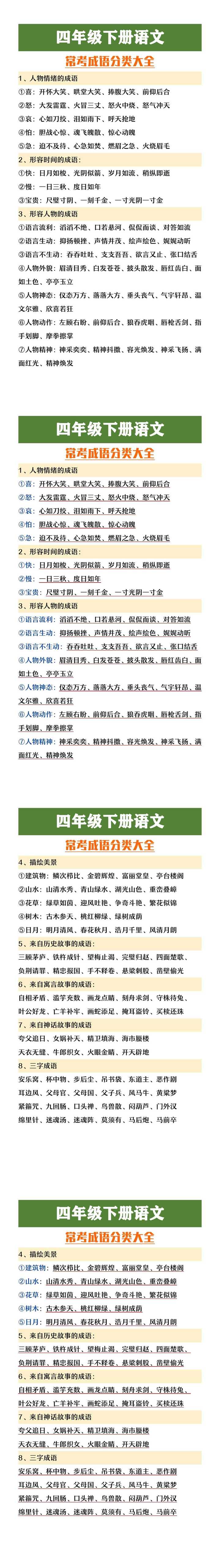 四年级下册语文成语分类大全