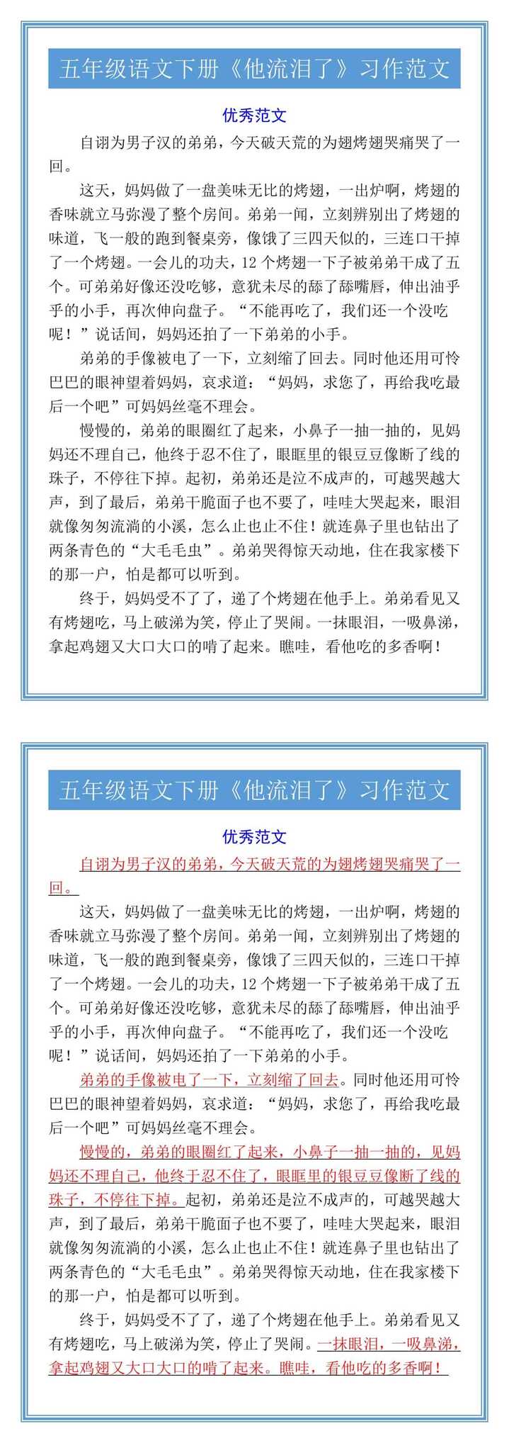 五年级语文下册《他流泪了》习作范文
