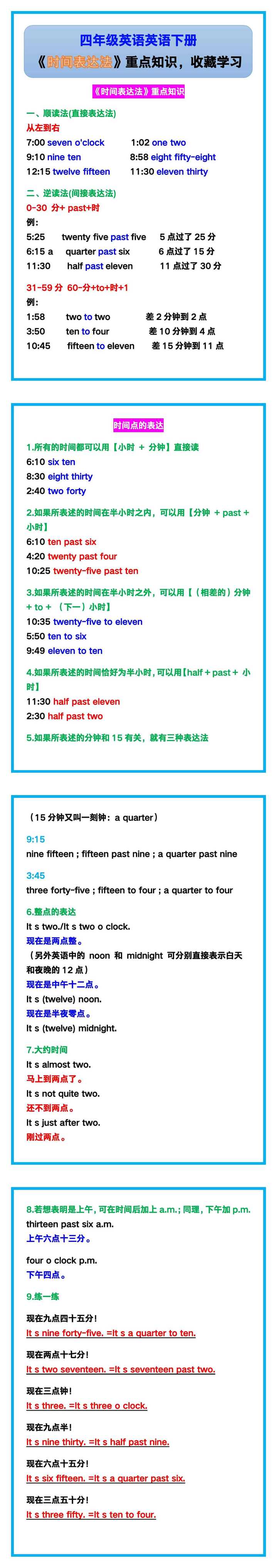 四年级英语下册《时间表达法》重点知识，收藏学习！