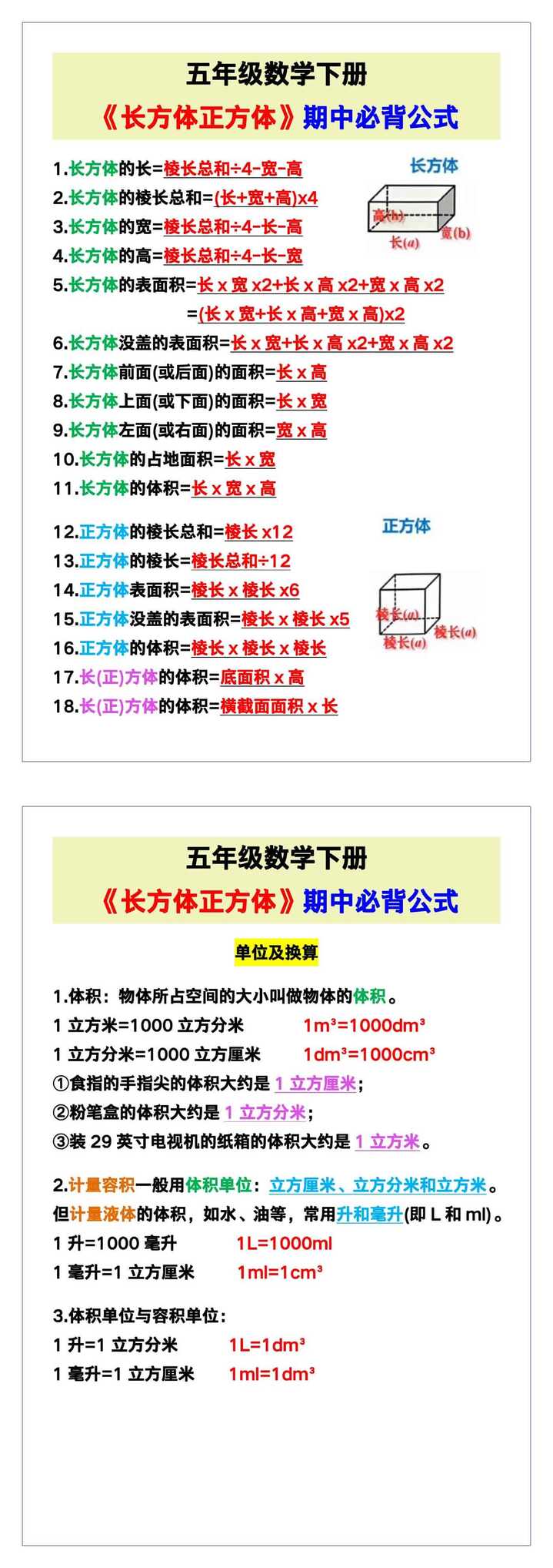 五年级数学下册《长方体正方体》期中必背公式！