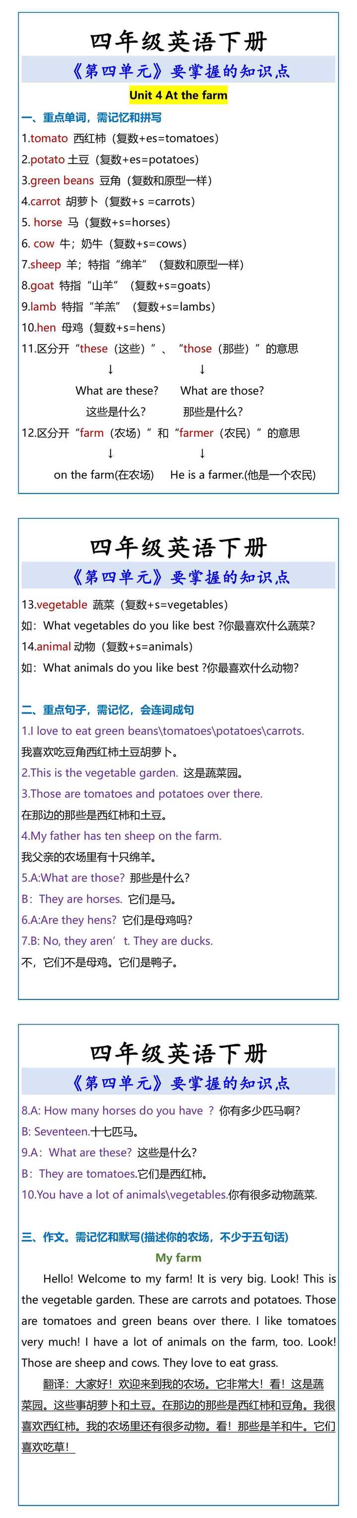 四年级英语下册 《第四单元》要掌握的知识点