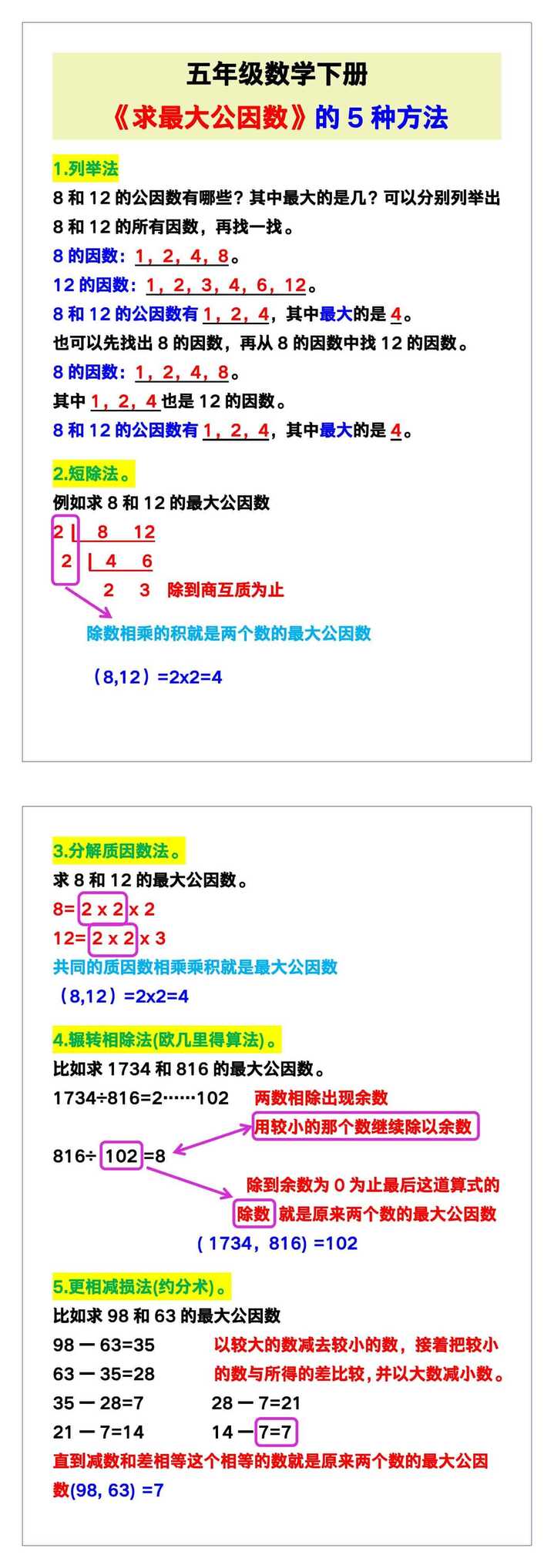 五年级数学下册《求最大公因数》的5种方法！