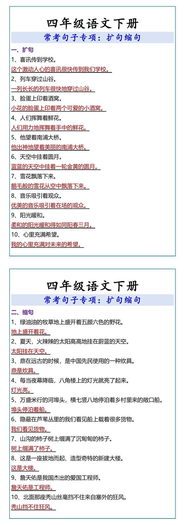 四年级语文下册 常考句子专项：扩句缩句