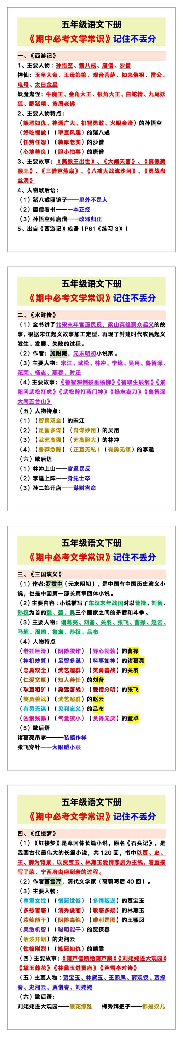 五年级语文下册《期中必考文学常识》，记住不丢分！