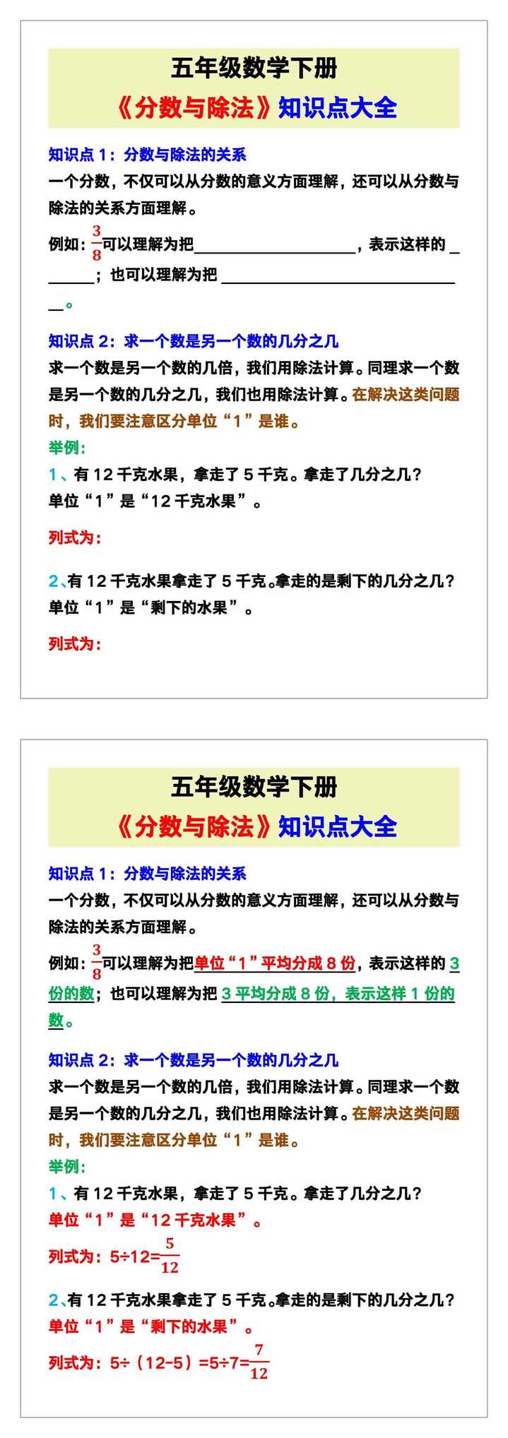五年级数学下册《分数与除法》知识点大全！