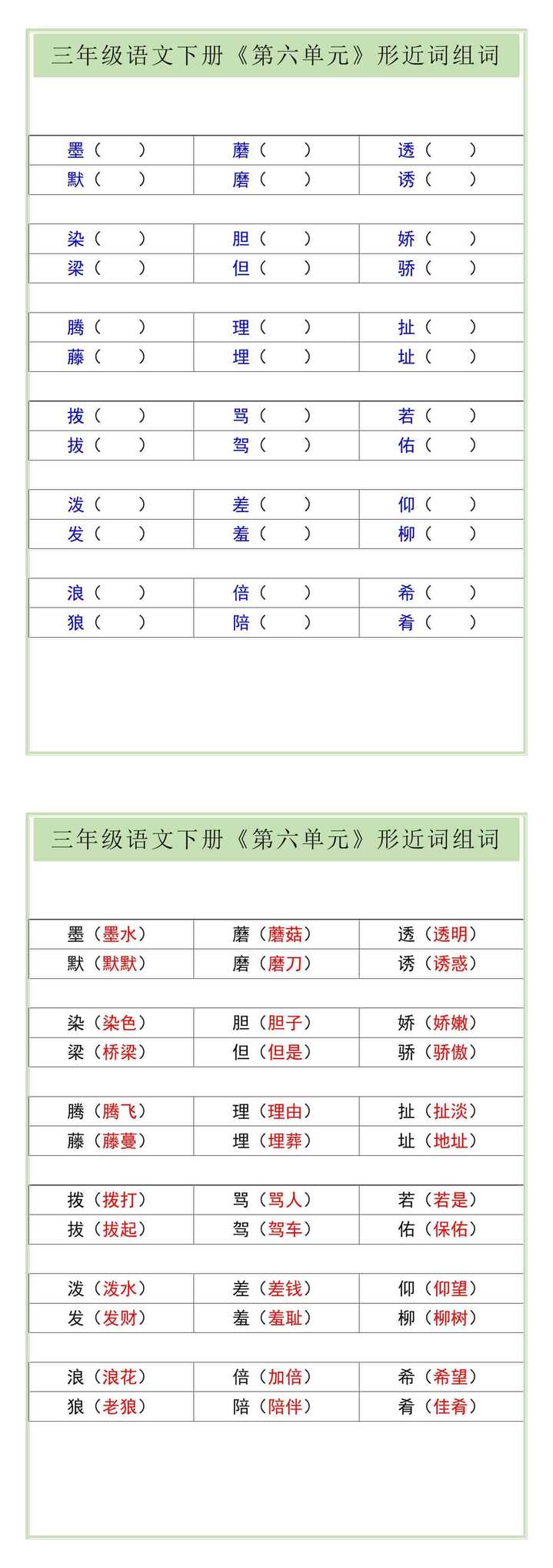 三年级语文下册《第六单元》形近词组词