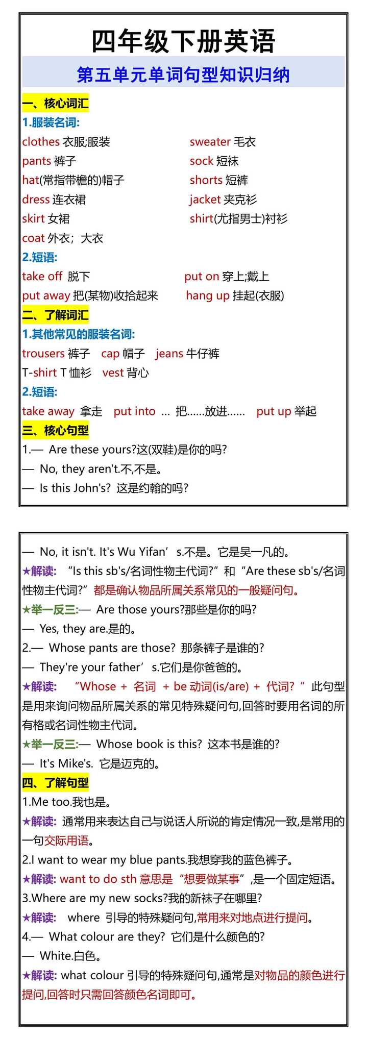 四年级下册英语 第五单元单词句型知识归纳