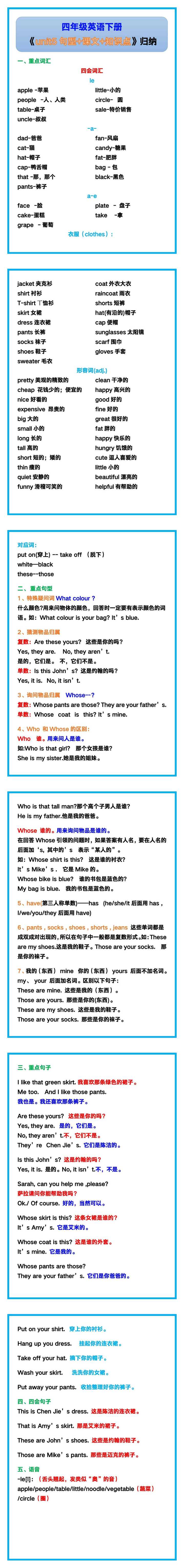 四年级英语下册《unit5句型+课文+知识点》梳理！