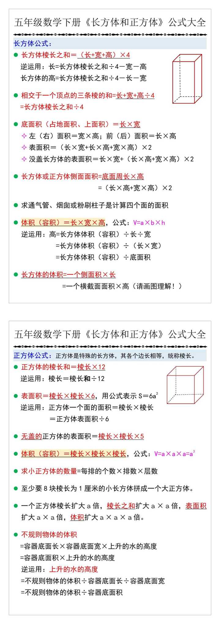 五年级数学下册《长方体和正方体》公式大全