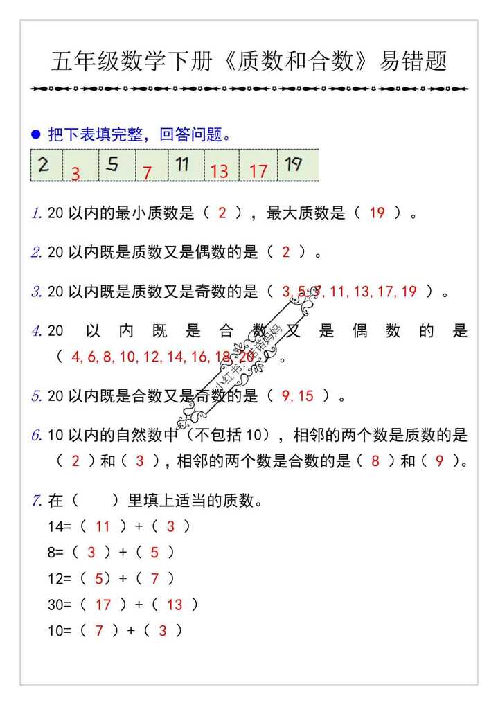五年级数学下册《质数和合数》易错题