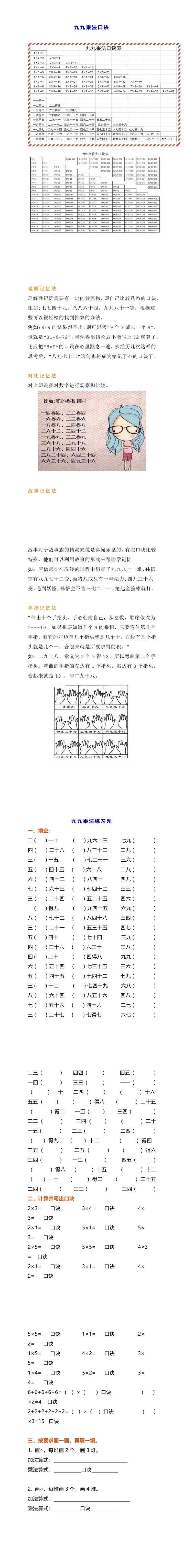 二年级数学必背九九乘法口诀表+熟背技巧（附练习）