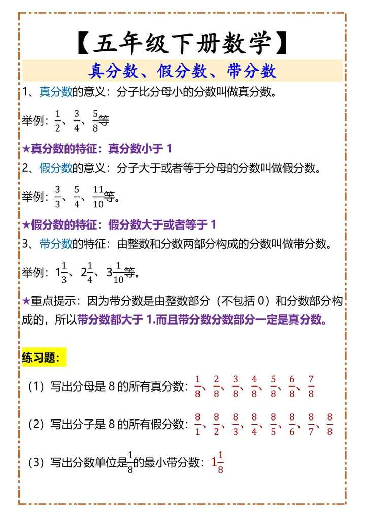 【五年级下册数学】 真分数、假分数、带分数