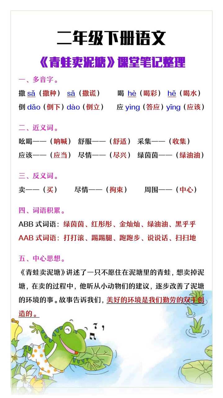 二年级下册语文《青蛙卖泥塘》课堂笔记整理