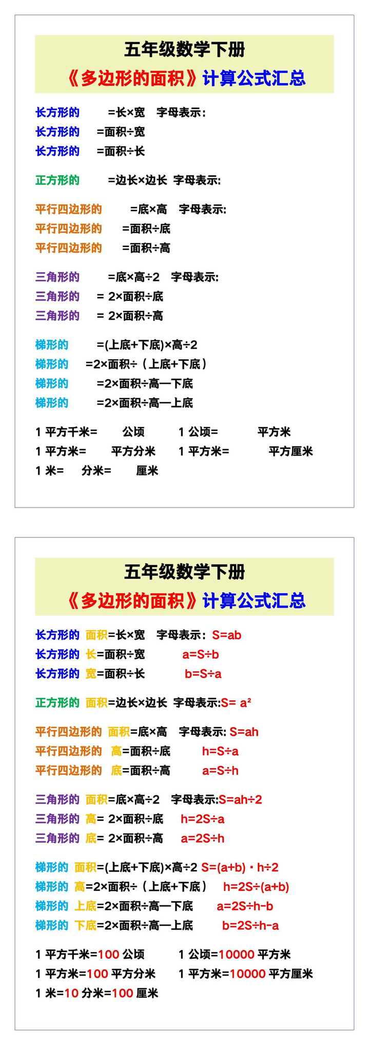五年级数学下册《多边形的面积》计算公式汇总！