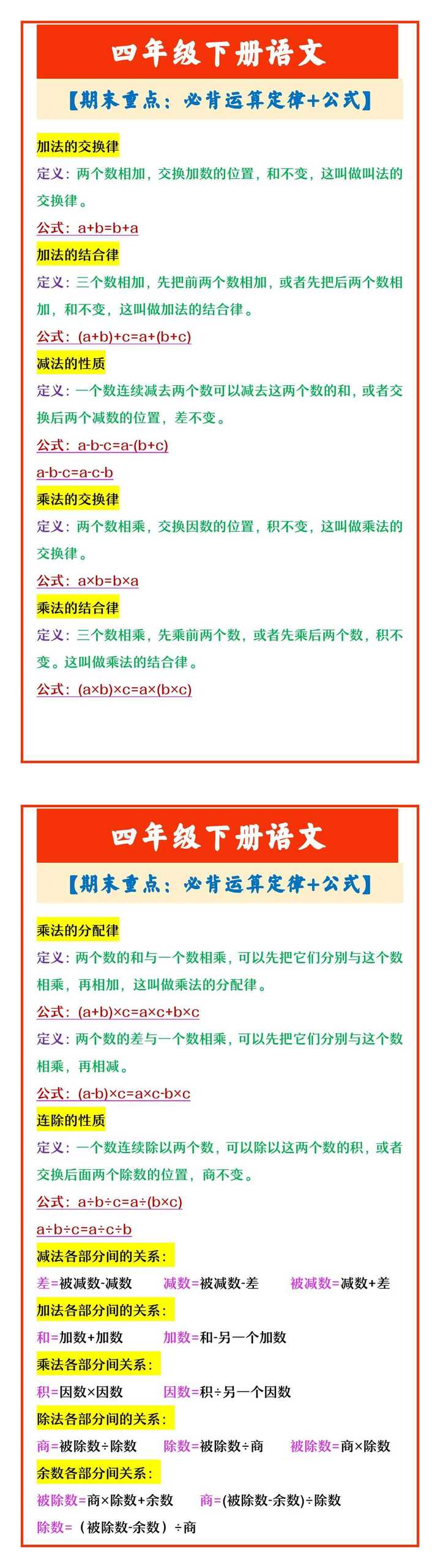 四年级下册数学 【期末重点:必背运算定律+公式】 四年级下册数学 【期末重点:必背运算定律+公式】