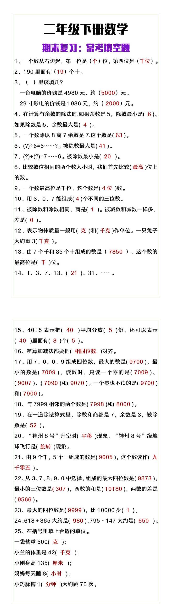 二年级下册数学期末复习常考填空题