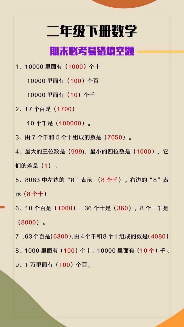 二年级下册数学期末必考易错填空题