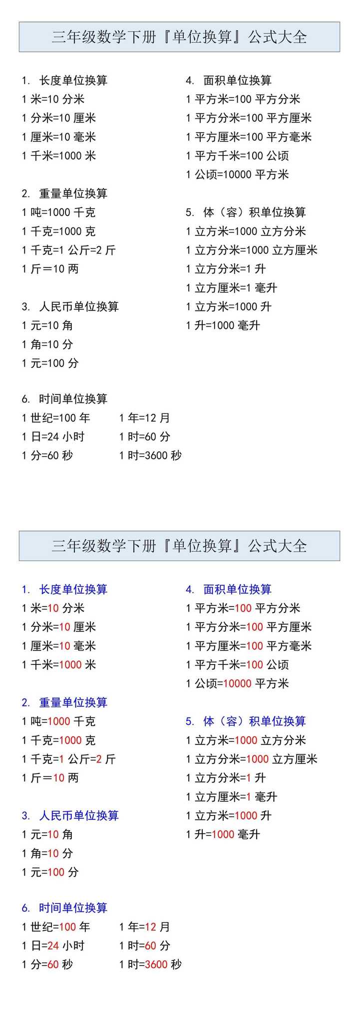 三年级数学下册『单位换算』公式大全