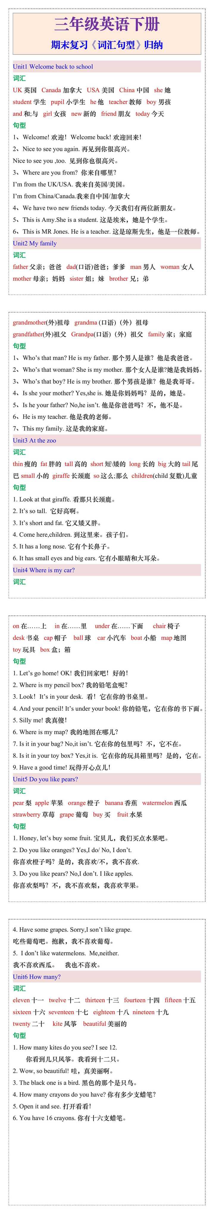 三年级英语下册期末复习《词汇句型》归纳