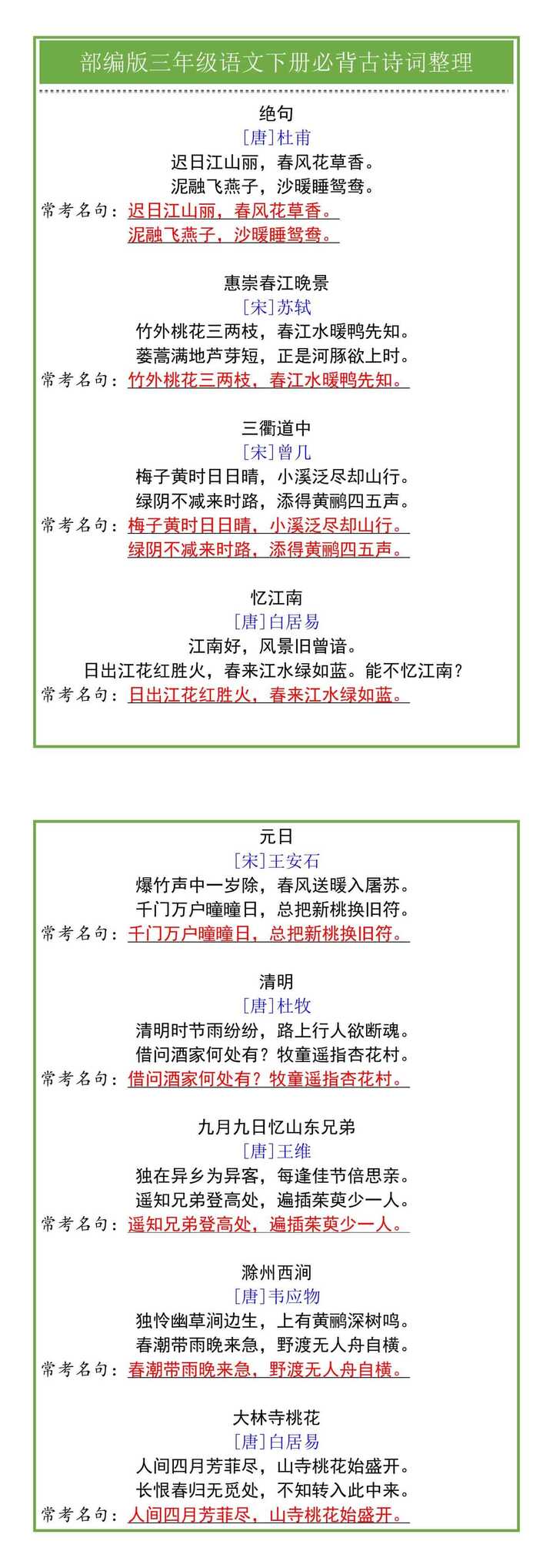 部编版三年级语文下册必背古诗词整理