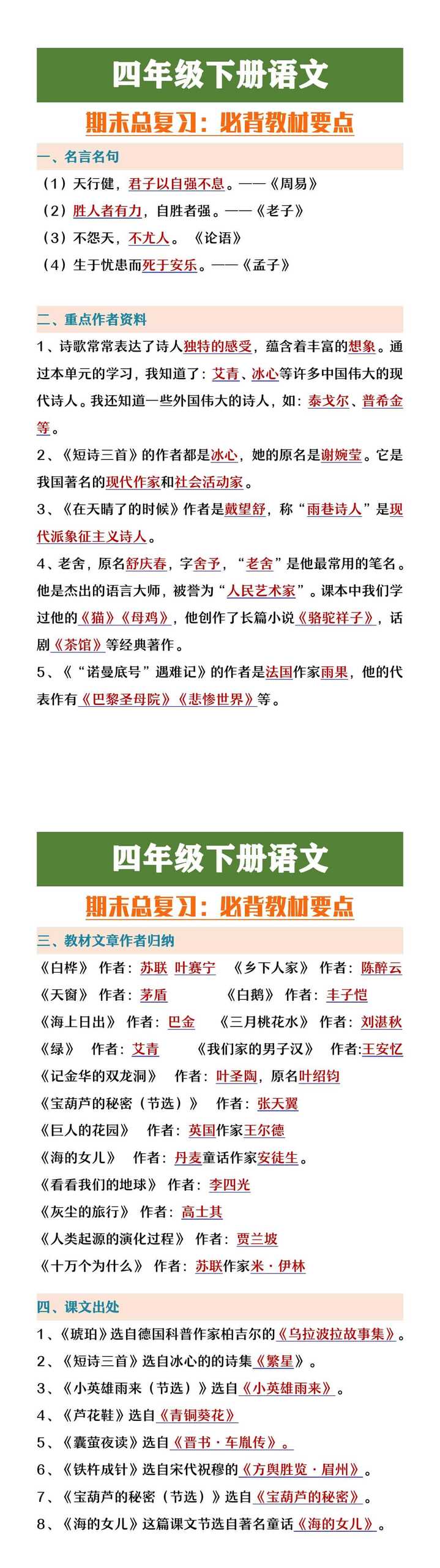 四年级下册语文期末总复习必背教材要点