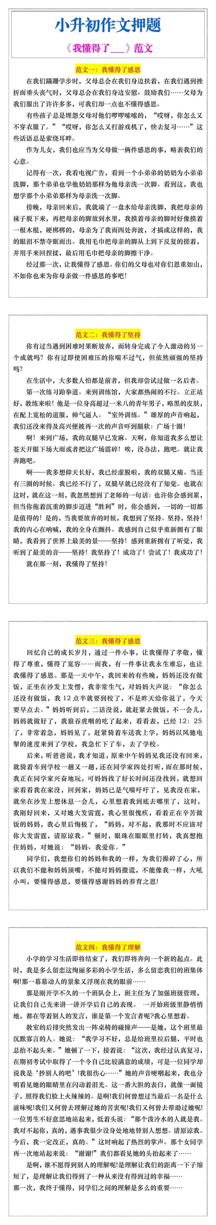 小升初作文押题《我懂得了___》范文