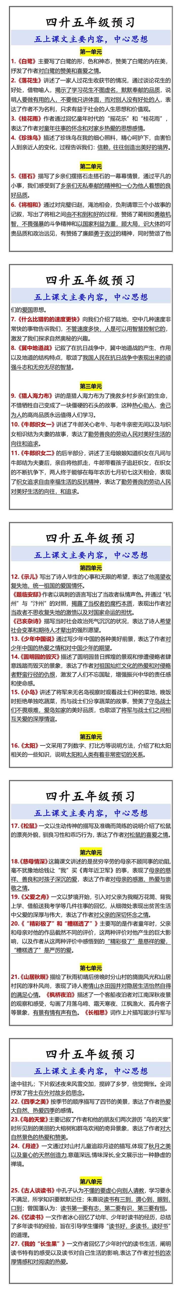 四升五年级预习 五上课文主要内容，中心思想