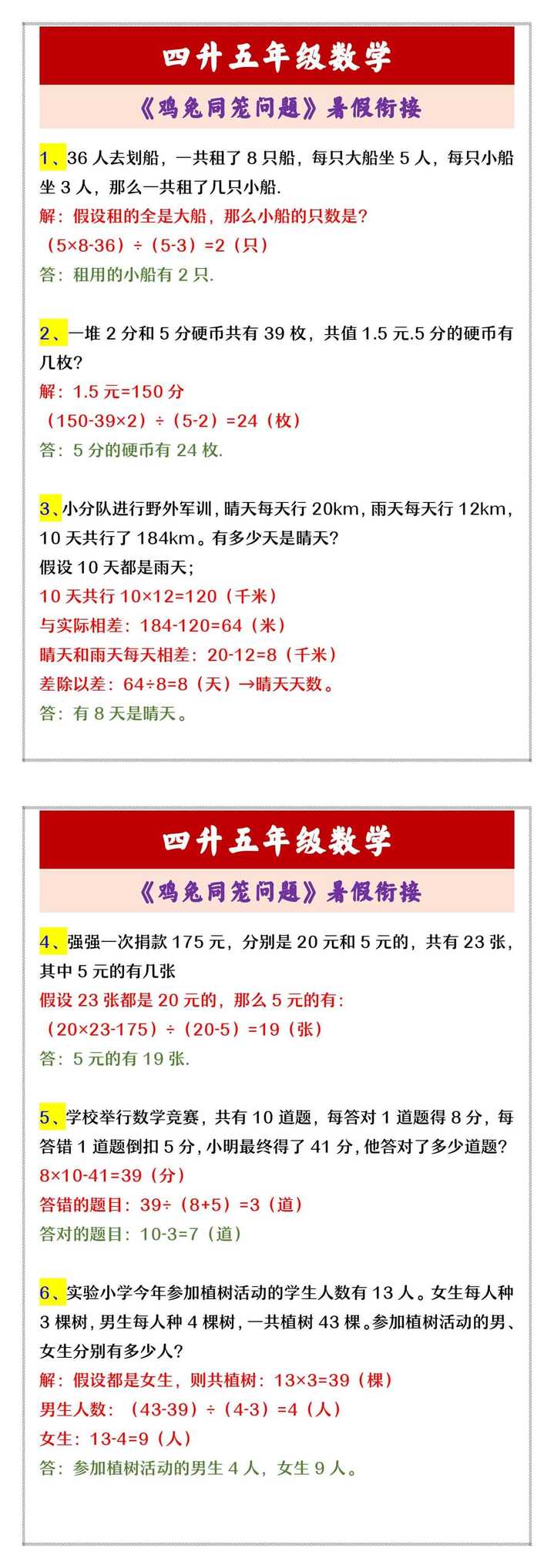四升五年级数学 《鸡兔同笼问题》暑假衔接