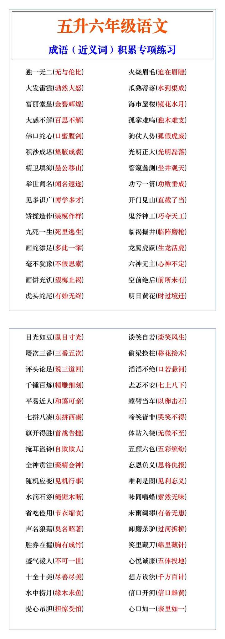 五升六年级成语（近义词）积累专项练习