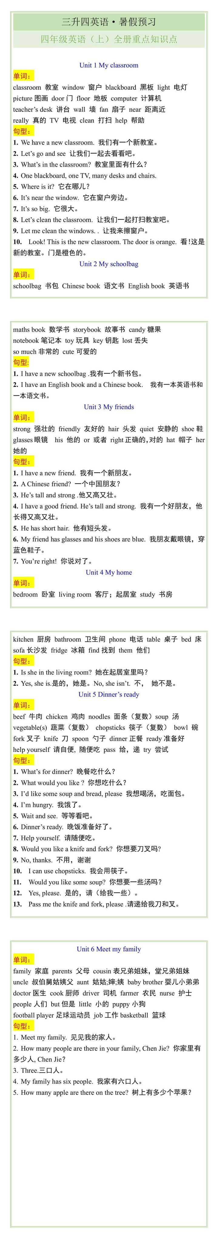 四年级英语（上）全册重点知识点