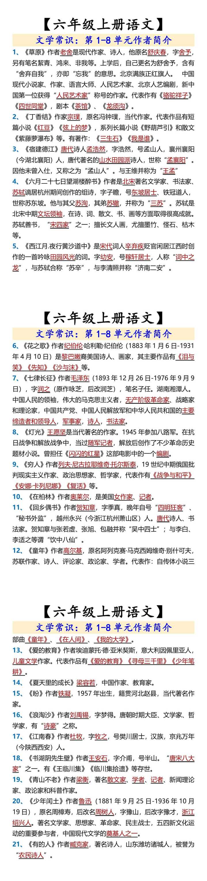 【六年级上册语文】 文学常识：第1-8单元作者简介