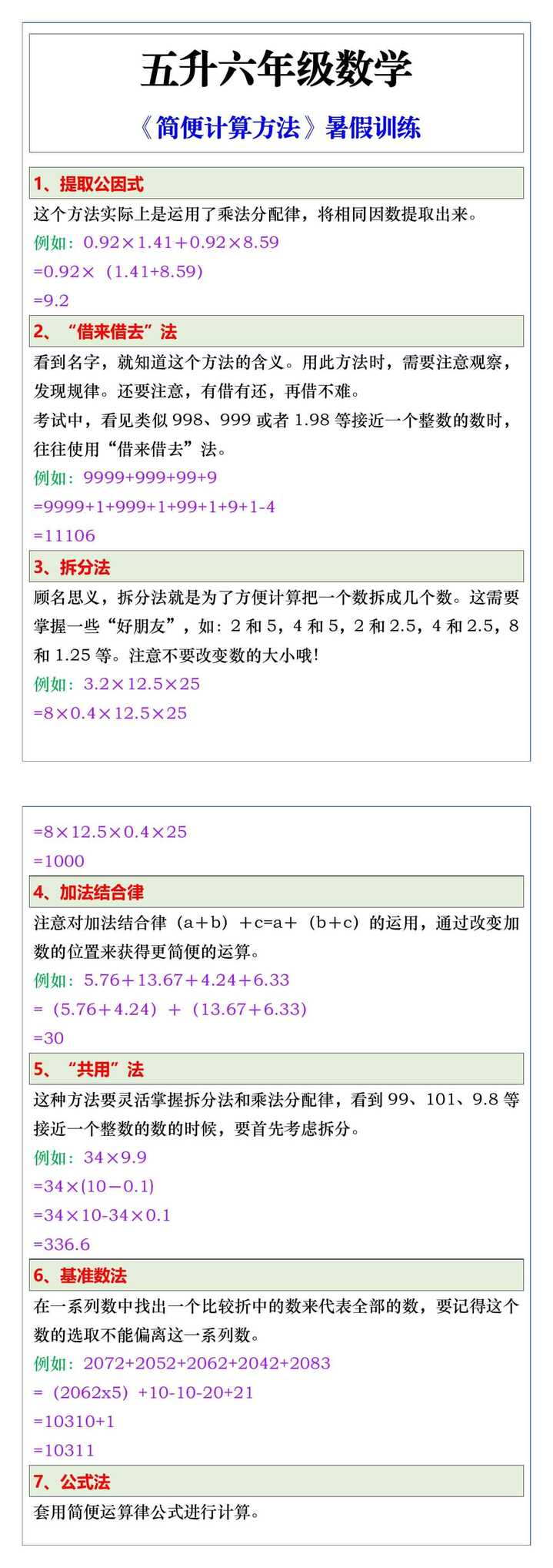 五升六年级数学《简便计算方法》暑假训练