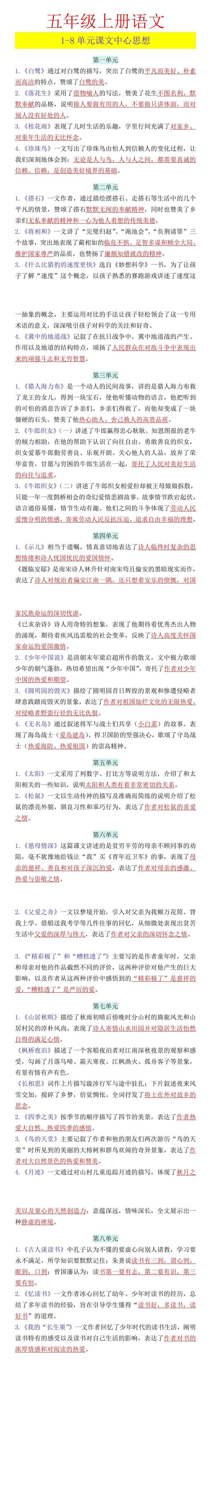 五年级上册语文 1-8单元课文中心思想