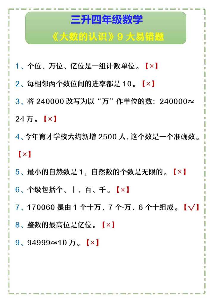 三升四年级数学 《大数的认识》9大易错题