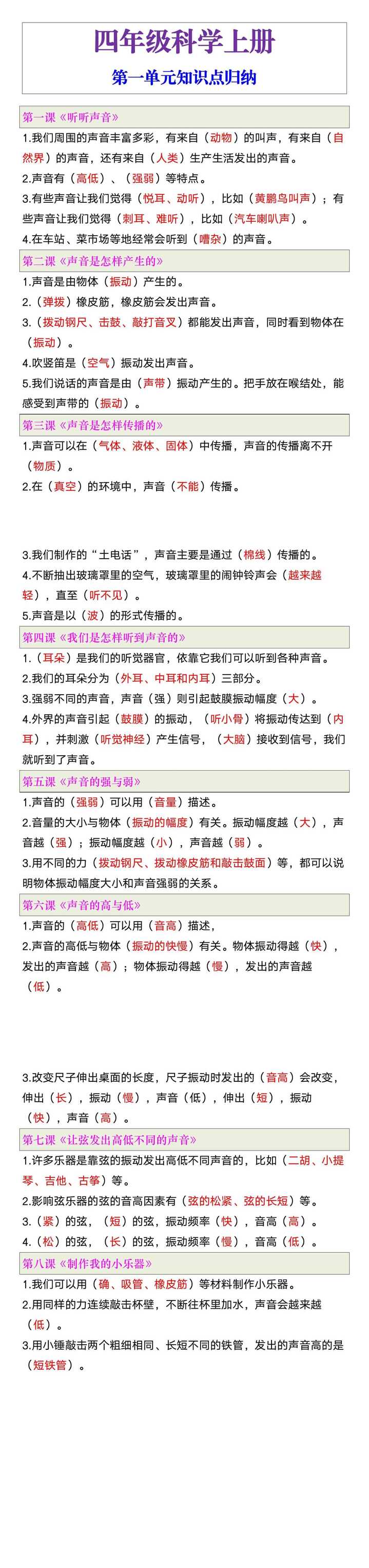 教科版科学四年级上册第一单元知识点归纳